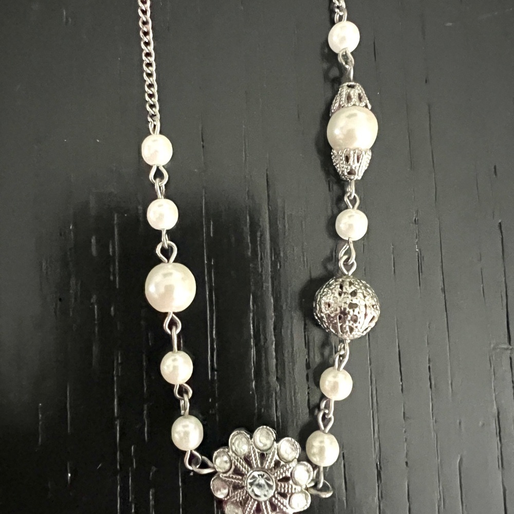 Silver and White Pearl Costume Jewelry Long Necklace